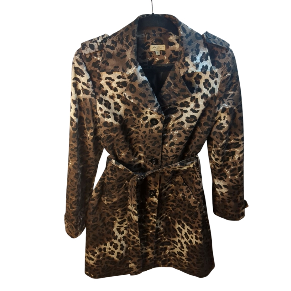 Leopard Print Trench Coat by Julie Mitchell Collection Sz 10 Med-Large